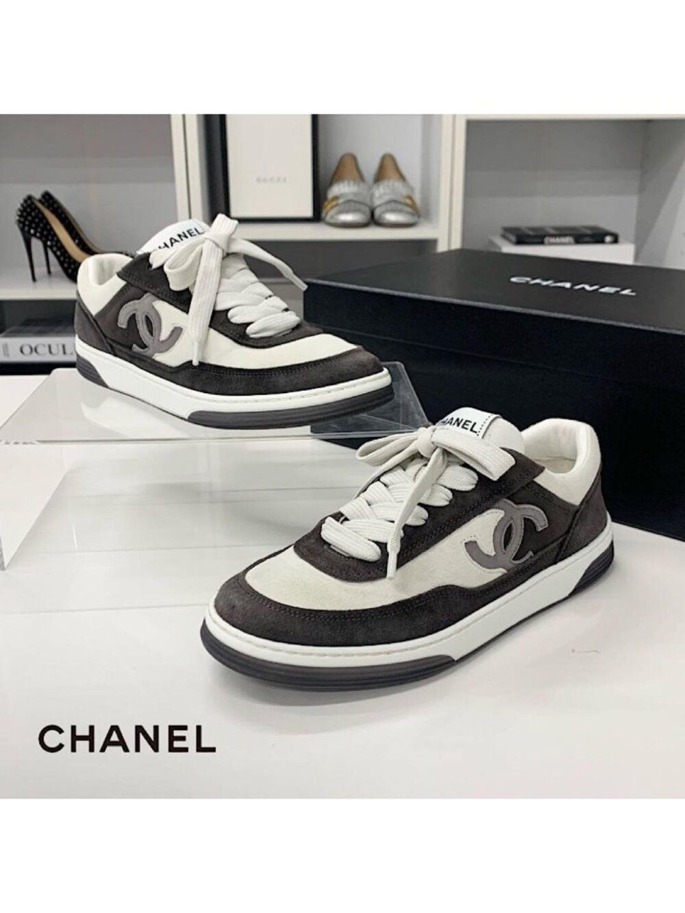 Chanel CC Logo Suede Sneakers Gray